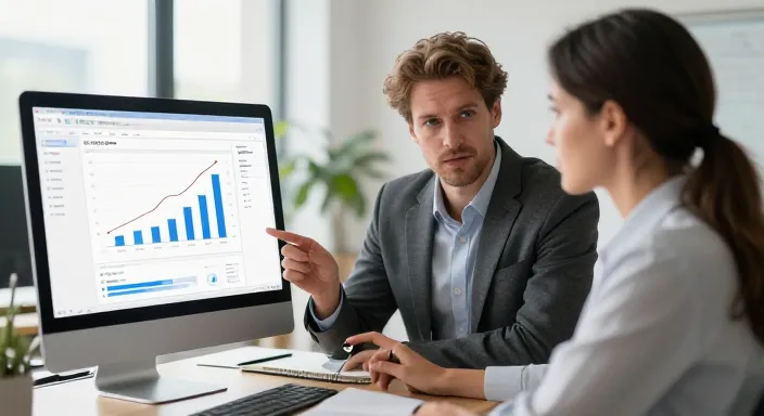 Experts en marketing digital analysant un tableau de bord de performance SEO pour optimiser le référencement naturel à Amiens.