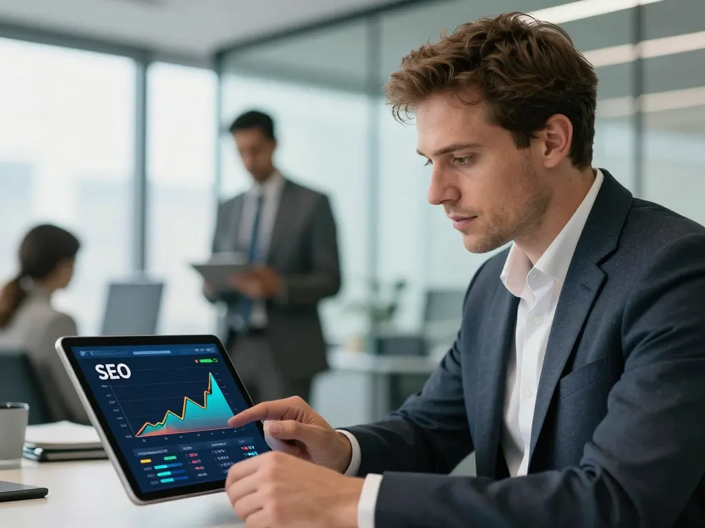 Un consultant spécialisé présente un audit de performance SEO sur tablette à un partenaire professionnel dans un bureau lumineux.