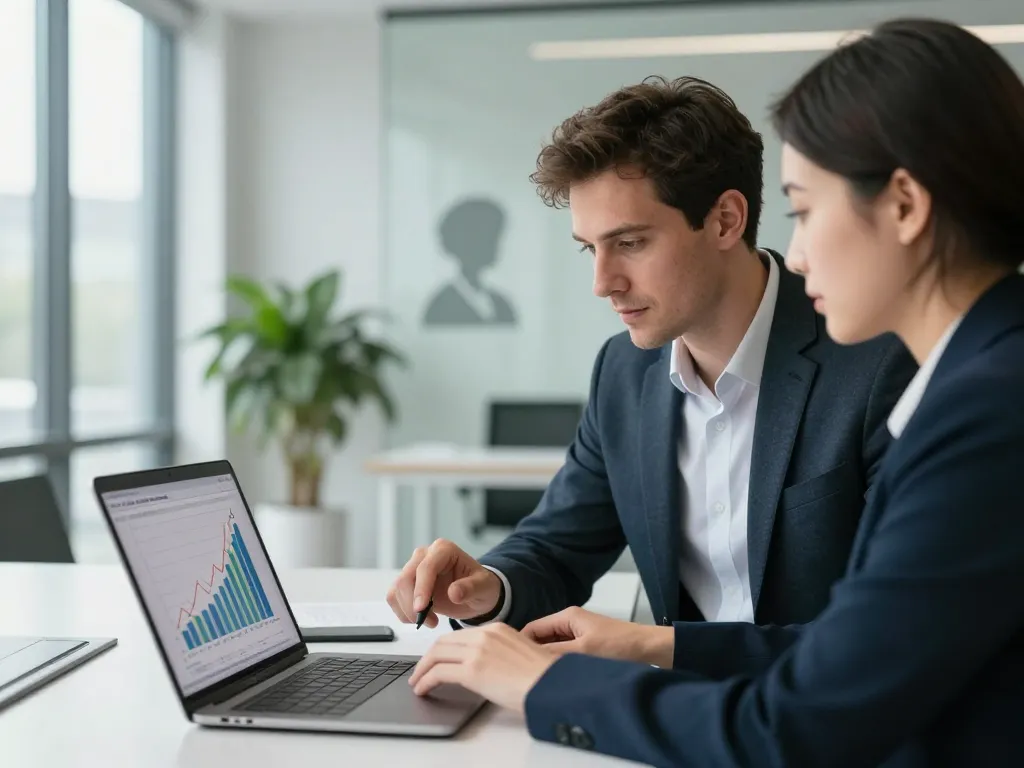 Un expert en marketing et une chef d'entreprise analysant ensemble un audit SEO sur un ordinateur portable dans un bureau lumineux.