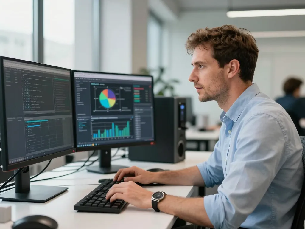 Un expert en référencement technique concentré sur l'analyse de données stratégiques devant ses écrans d'ordinateur.