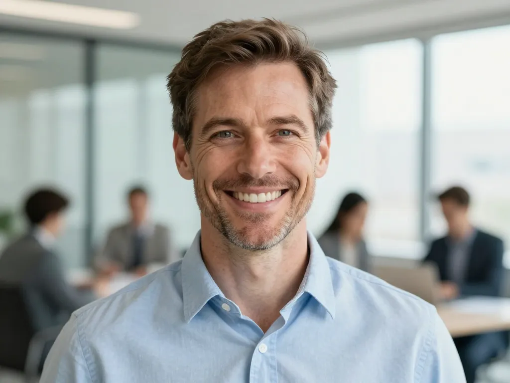 Portrait professionnel de Jean, gérant de PME à Amiens, affichant un sourire confiant pour un témoignage client.