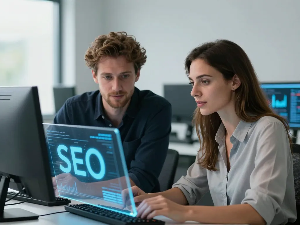 Portrait professionnel de Julien Garnier et d'une experte SEO technique collaborant dans un bureau technologique moderne.