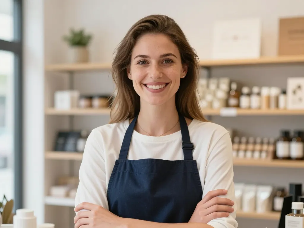 Portrait chaleureux de Sophie, une commerçante souriante dans sa boutique à Amiens.