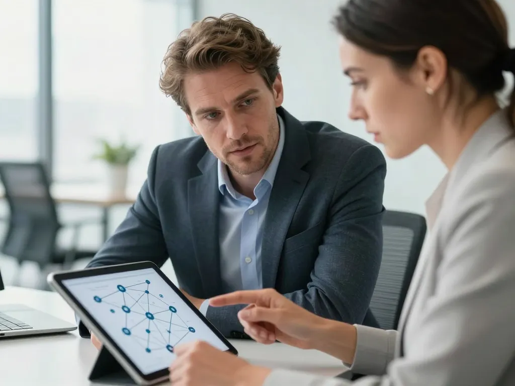 Deux experts en marketing digital analysant une stratégie de netlinking et de backlinks locaux sur une tablette.