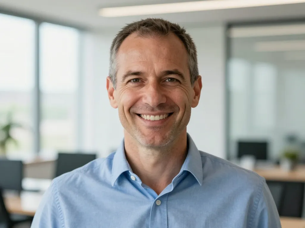 Portrait d'un entrepreneur souriant et professionnel dans son bureau lumineux.