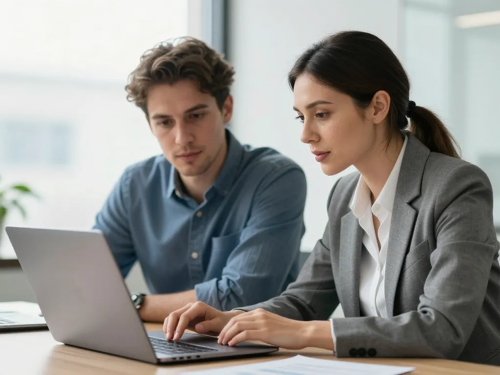 Thomas B. et Laura, experts en SEO et stratégie de contenu, collaborant sur un projet de référencement dans un espace de travail moderne.