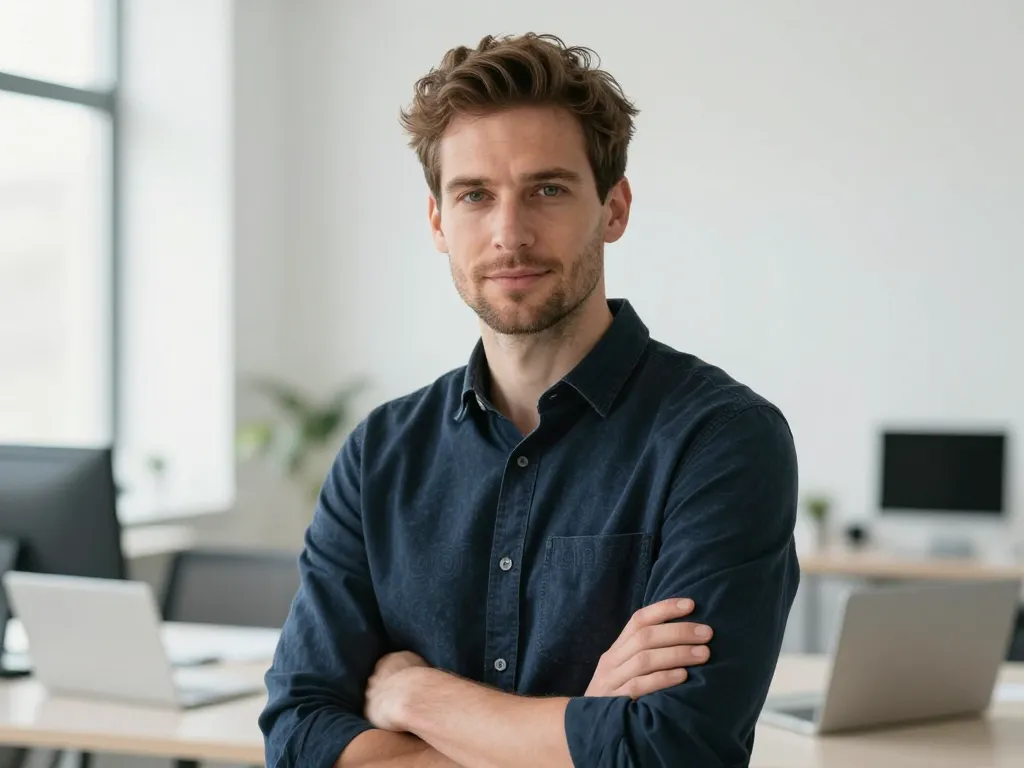 Portrait professionnel de Thomas Morel, expert en rédaction de contenu SEO, dans un espace de travail moderne.